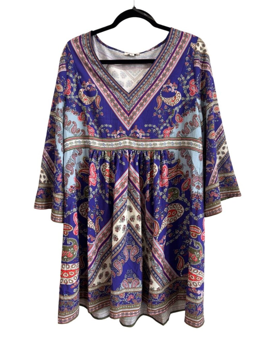 Umgee Boho Baby Doll Bell Sleeve Paisley Print Dress V-Neck Size L